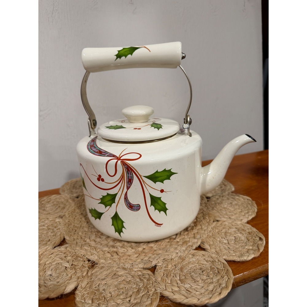 Lenox Holiday Tartan Enamel Tea Kettle White Holly Berry Plaid Stovetop Pot